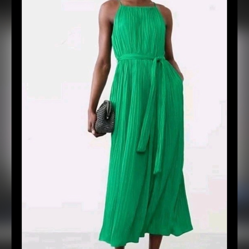 Elegant Green Pleated Halter Dress Banana REPUBLIC